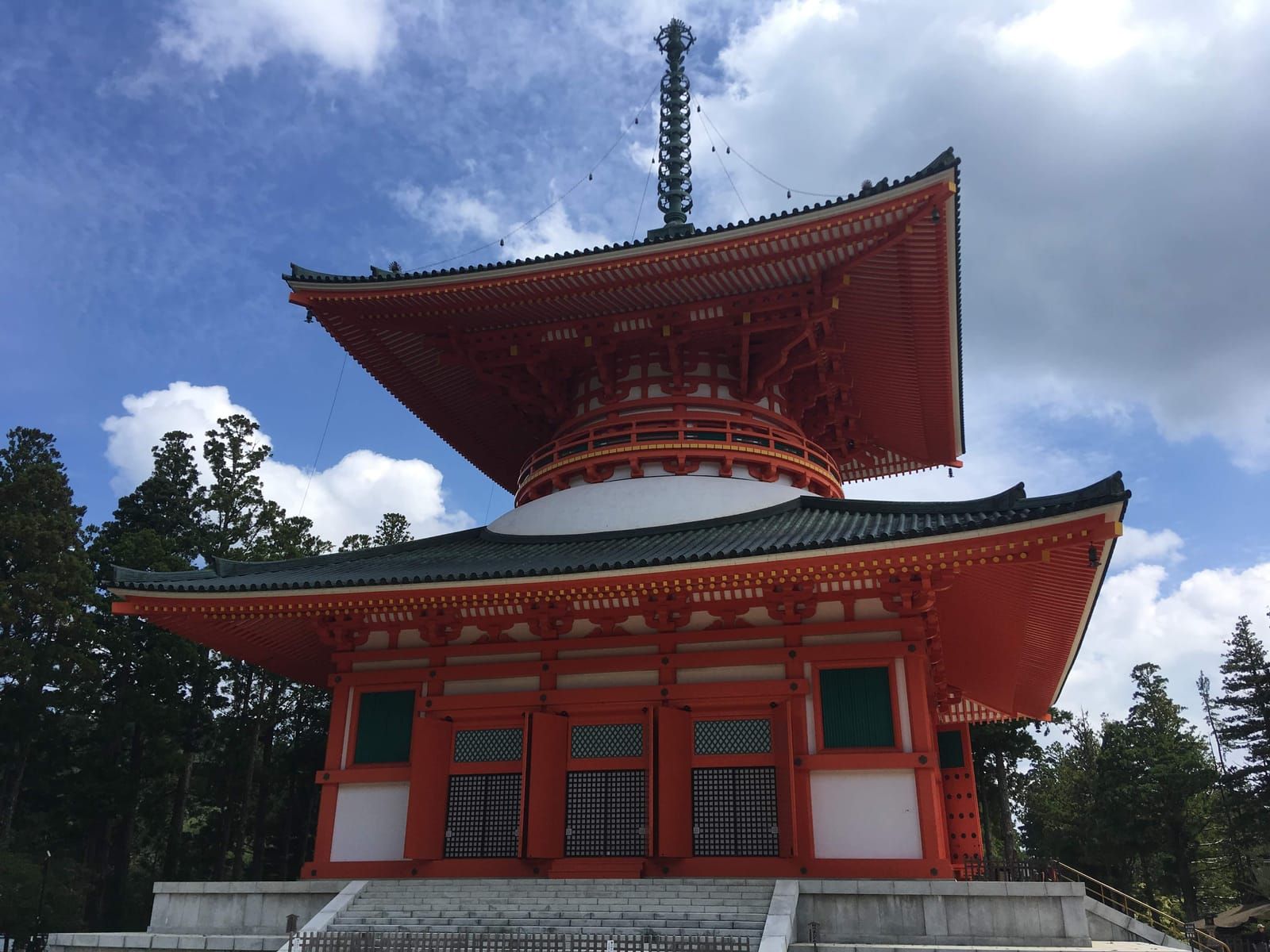 The vermilion Konpon Daito great pagoda at Danjo Garan, Koyasan