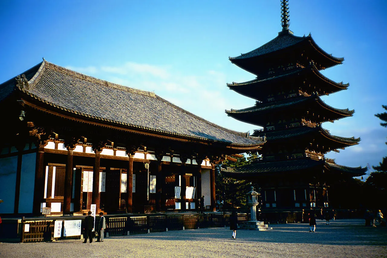 Kofuku-ji's East Golden Hall and five-storied pagoda in Nara under a clear blue sky
