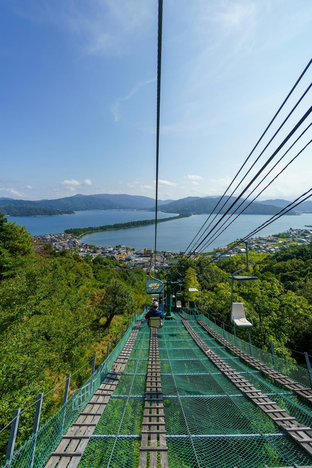 The Amanohashidate sandbar and Miyazu Bay seen from above the ropeway