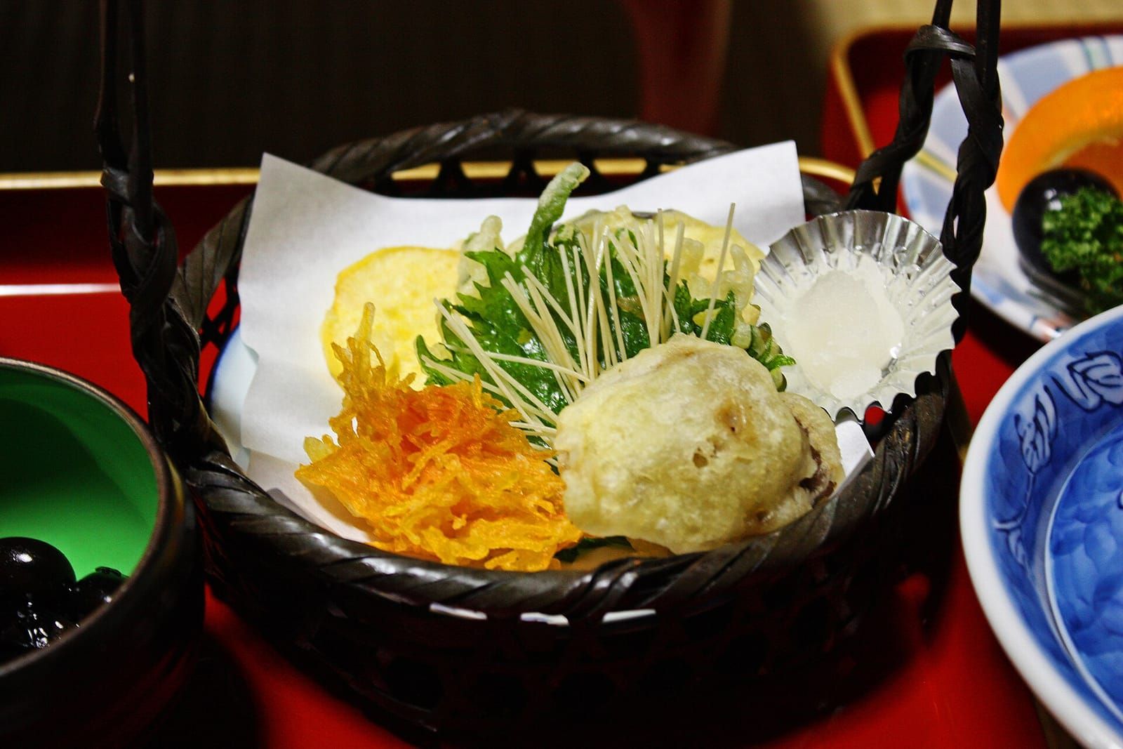 A vegetarian shojin ryori tempura course served at a Buddhist temple on Koyasan